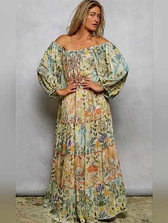 POL Dresses & Skirts - POL Off-Shoulder Floral Tiered Maxi Dress - Yellow, Blue, Green